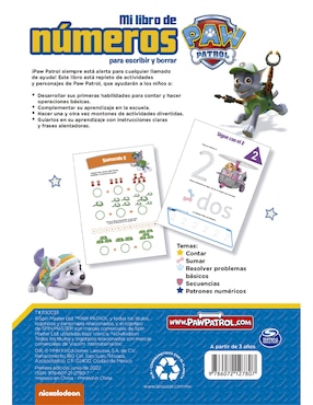 Paw patrol mi libro de números para escribir y borrar de Nickelodeon