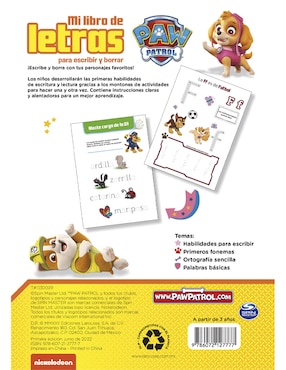 Paw patrol mi libro de letras para escribir y borrar de Ediciones Larousse