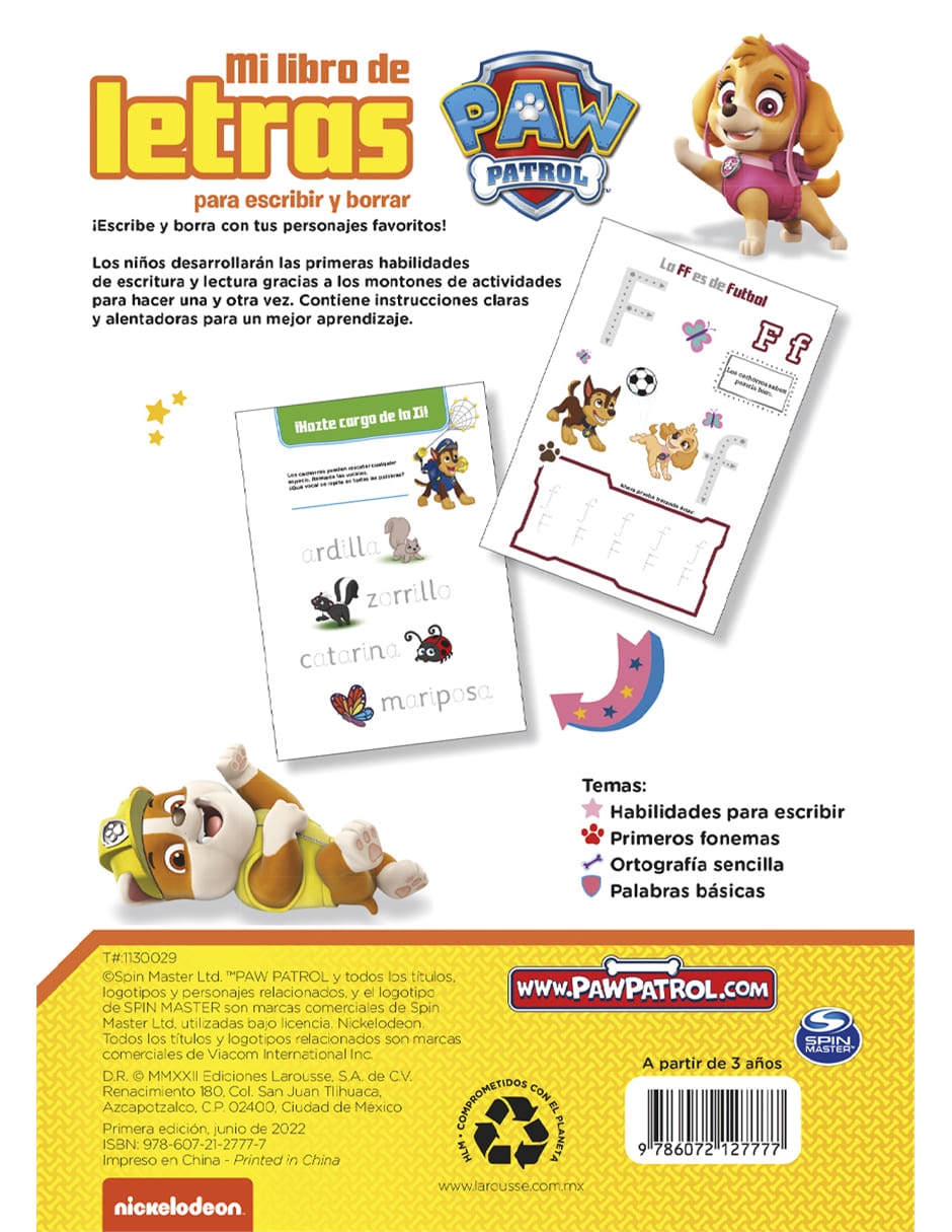 Paw patrol mi libro de letras para escribir y borrar de Ediciones 2