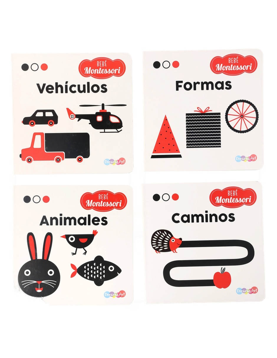 Set 4 libros Bebé Montesori Caminos + Forma + Animales +Vehículos 2